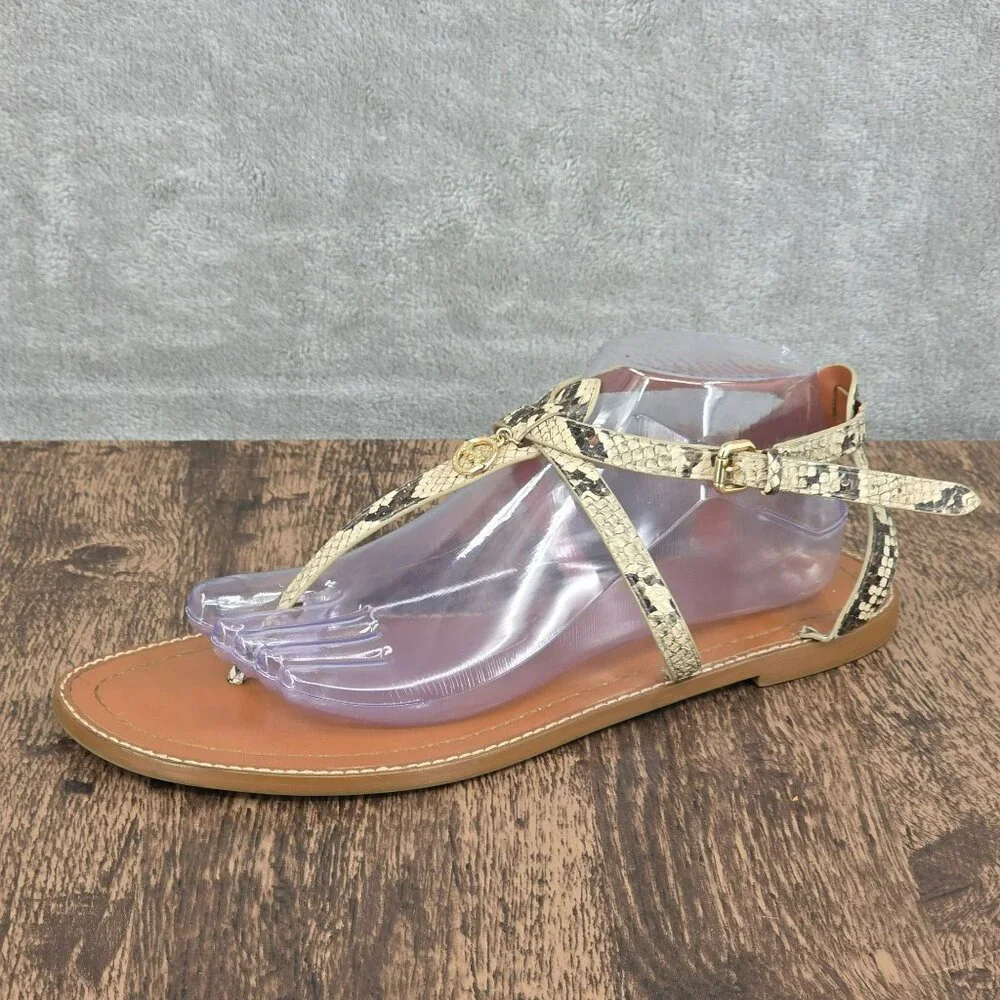 Coach Lydia T Strap Sandals 11 Snake Print Ankle Buckle Logo Strappy Flat Beachy